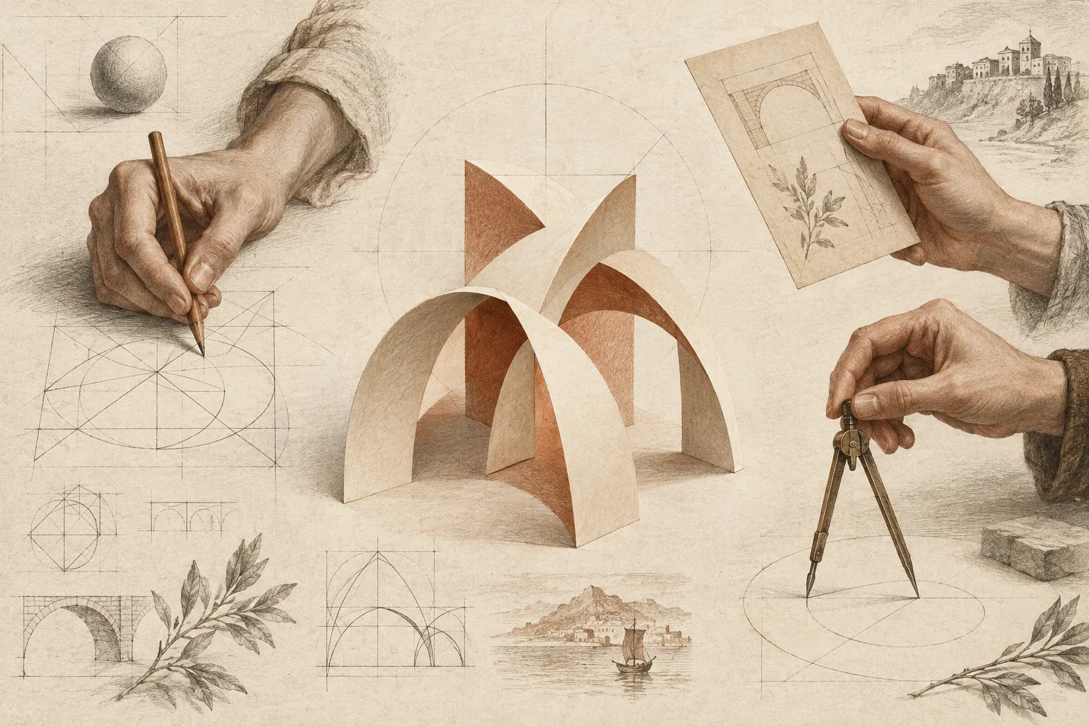 Hands, drawing tools and folded-paper forms in an illustrated design notebook.