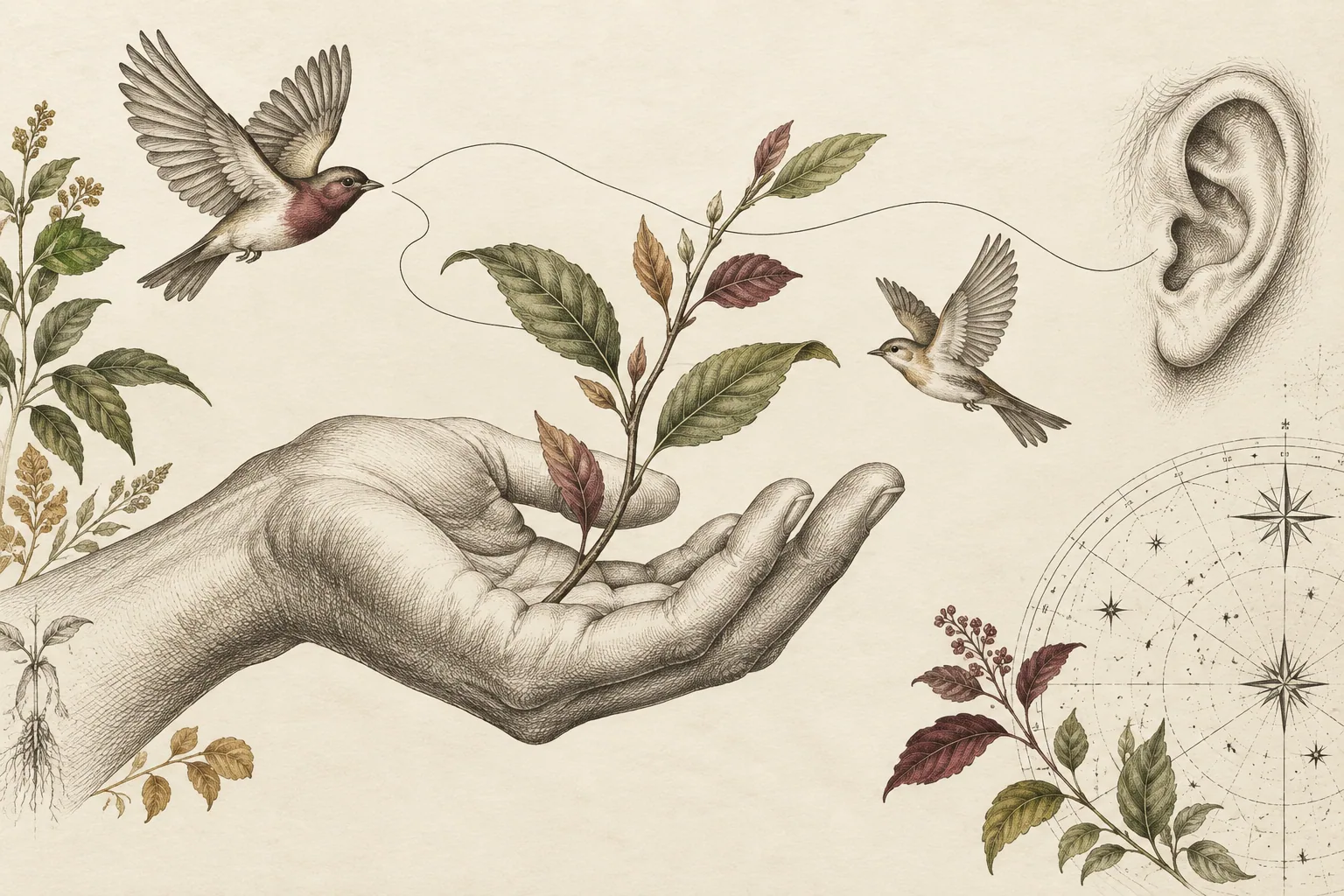 An engraved hand supports a branch beside birds, an ear study and a navigation chart.
