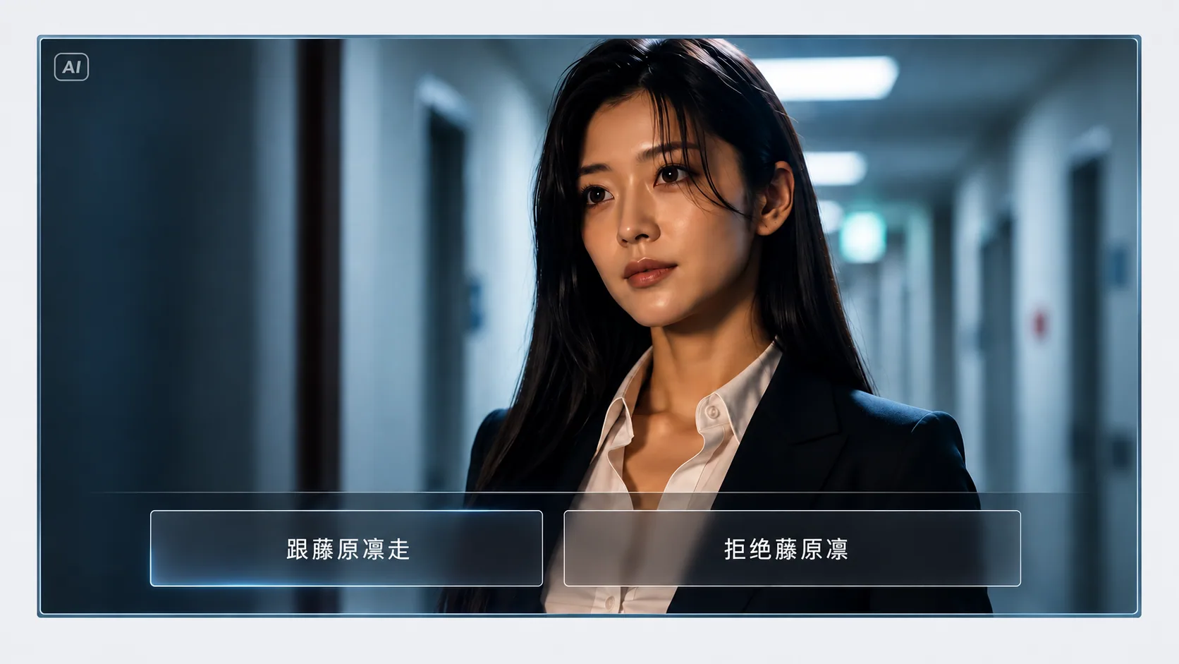 情感互动游戏的电影感角色场景，下方展示剧情选择界面。