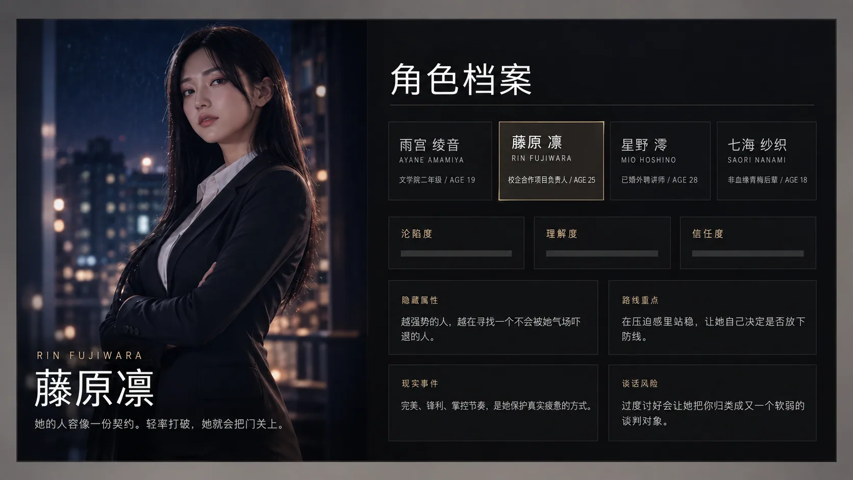 藤原凛的电影感角色肖像与角色档案界面。