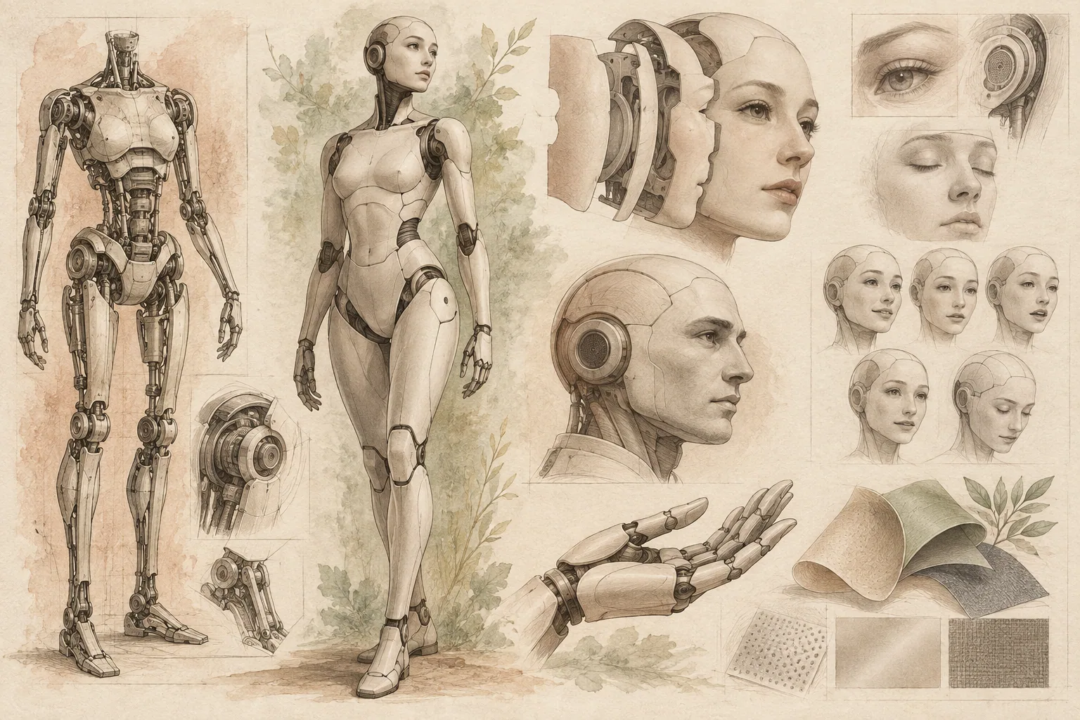 Hand-drawn study of a companion robot's motion frame, layered face, expression and material.