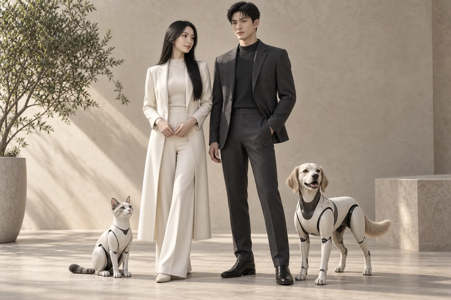 Female and male companion-robot appearance studies with cat-like and dog-like designs.